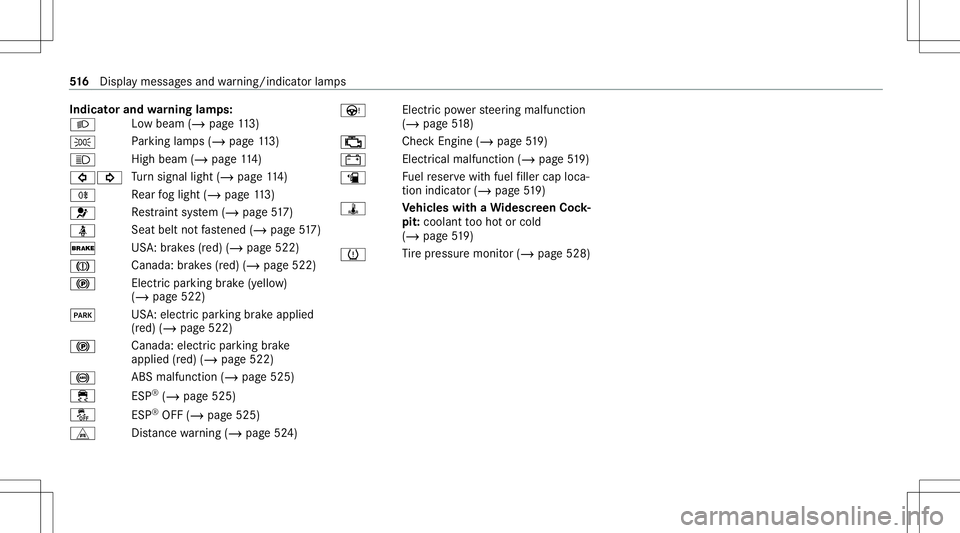 MERCEDES-BENZ CLA COUPE 2020  Owners Manual Indi
catorand warning lam ps:
0058 Lo
wbeam (/page11 3)
0060 Pa
rking lam ps(/ page11 3)
0057 Hi
gh beam (/ page11 4)
003E003D Tu
rn signal light(/page11 4)
005E Re
ar foglight (/page11 3)
0075 Re
str