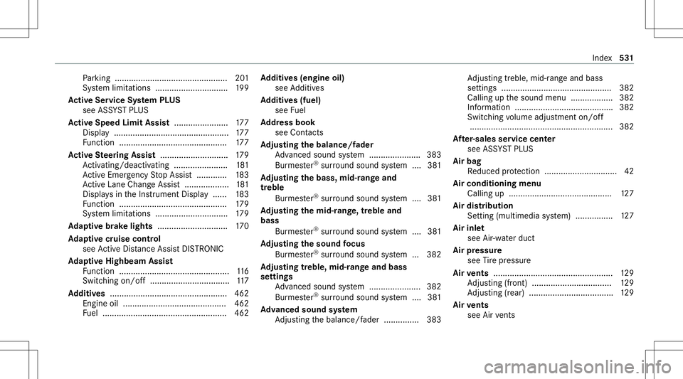 MERCEDES-BENZ CLA COUPE 2020 Owners Manual Pa
rking ................................................ 201
Sy stem limit ations ...............................1 99
Ac tiv eSe rvice System PLUS
see ASSYST PLUS
Ac tiv eSpe edLimit Assist <00110011 MERCEDES-BENZ CLA COUPE 2020 Owners Manual Pa
rking ................................................ 201
Sy stem limit ations ...............................1 99
Ac tiv eSe rvice System PLUS
see ASSYST PLUS
Ac tiv eSpe edLimit Assist <00110011