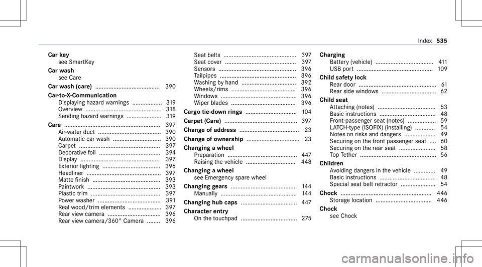 MERCEDES-BENZ CLA COUPE 2020  Owners Manual Car
key
see Smar tKey
Car wash
see Care
Car wash (car e)....................................... 390
Car -to-X -Comm unication
Displa yinghazar dwa rnings .................. 319
Ov ervie w ...... .....