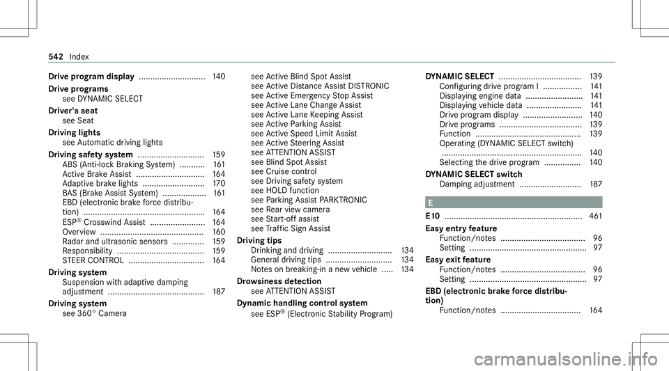 MERCEDES-BENZ CLA COUPE 2020  Owners Manual Dr
ive pr og ram dis pla y........... ..................140
Dr ive pr og rams
se eDY NA MIC SELE CT
Dr iver's seat
see Seat
Dr iving lights
see Automatic driving lights
Dr ivin gsaf etysy stem ...