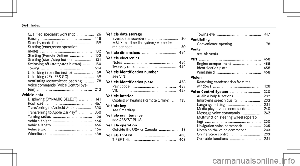 MERCEDES-BENZ CLA COUPE 2020  Owners Manual Qua
lified speci alistwo rkshop ................2 6
Ra ising .................. .............................. 448
St andb ymode function .......................1 59
St artin g(eme rgency operation
mo