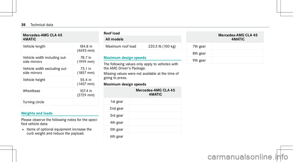 MERCEDES-BENZ CLA COUPE 2020  AMG Owners Manual Mer
cede s-AMG CLA45
4MA TIC
Ve hicle length1 84.8in
(469 3mm)
Ve hicle widthincluding out‐
side mirrors 78
.7 in
(1 999 mm)
Ve hicle widthexc luding out‐
side mirrors 73
.1in
(1 85 7mm)
Ve hicle 
