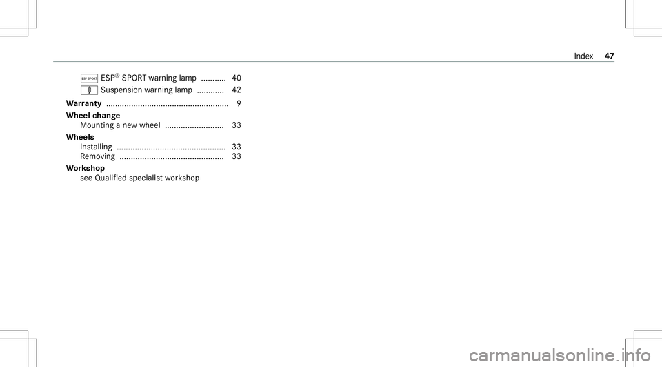 MERCEDES-BENZ CLA COUPE 2020  AMG Service Manual Æ
ESP®
SPO RTwarning lam p...........4 0
ä Suspens ion wa rning lam p............ 42
Wa rranty ...................................................... 9
Whee lch ang e
Mou nting ane wwhe el....... .