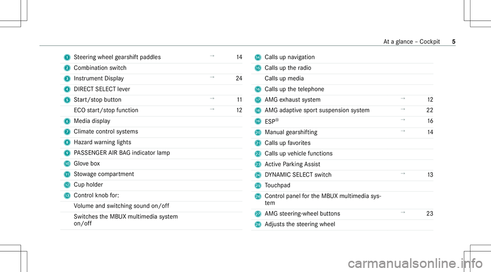 MERCEDES-BENZ CLA COUPE 2020  AMG Owners Manual 1
Steer ing wheel gearshif tpaddles →
14
2 Comb inationswit ch
3 Instrument Display →
24
4 DIRECT SELEC Tleve r
5 Start/ stop butt on →
11
ECO star t/ stop funct ion →
12
6 Media display
7 Cli