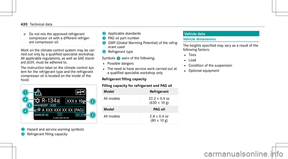 MERCEDES-BENZ C-CLASS COUPE 2020  Owners Manual #
Donotmix theappr ovedre frig er ant
com pressor oilwithadif fere nt refrig er‐
ant com pressor oil. Wo
rkon theclimat econ trol system maybe car‐
ri ed out onlyby aqu alif ied spec ialistwo rksh