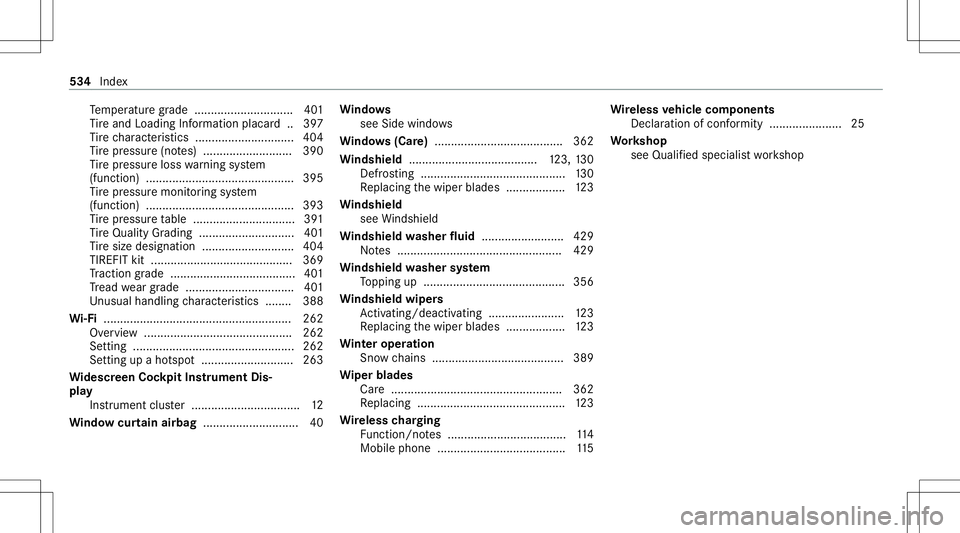 MERCEDES-BENZ C-CLASS COUPE 2020 Owners Manual Te
mp eratur egr ade .............................. 401
Ti re and Loadi ngInfo rm atio nplacar d.. 397
Ti re charact eristic s.............................. 404
Ti re pressur e(no tes) ............... MERCEDES-BENZ C-CLASS COUPE 2020 Owners Manual Te
mp eratur egr ade .............................. 401
Ti re and Loadi ngInfo rm atio nplacar d.. 397
Ti re charact eristic s.............................. 404
Ti re pressur e(no tes) ...............