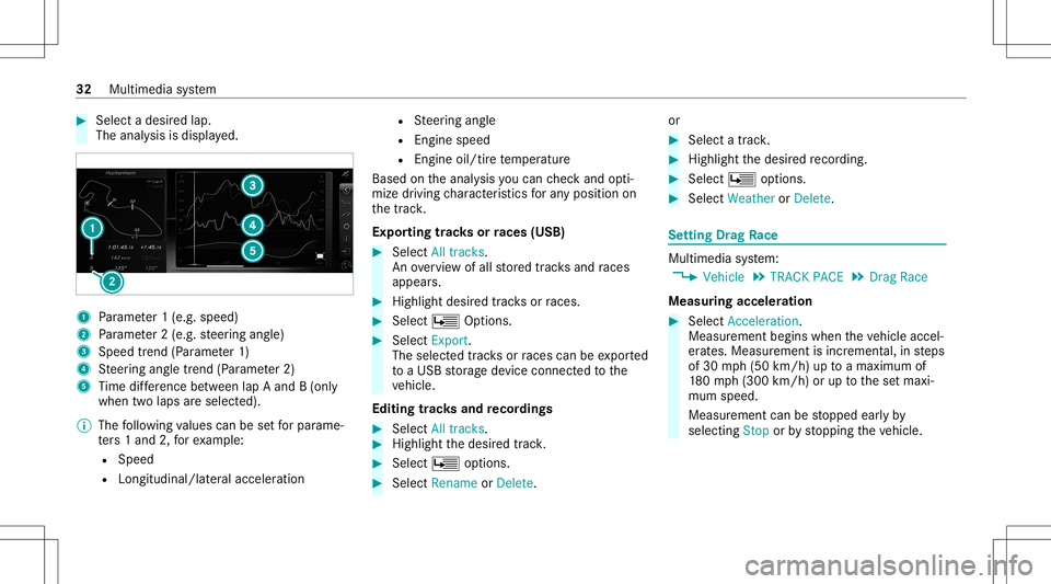 MERCEDES-BENZ C-CLASS COUPE 2020 AMG Owners Manual #
Select ades ired lap.
The analysis isdispla yed. 1
Parame ter1 (e.g. speed)
2 Parame ter2 (e.g. steer ing ang le)
3 Speed trend (Par ame ter1)
4 Steer ing ang letrend (Par ame ter2)
5 Time differe n MERCEDES-BENZ C-CLASS COUPE 2020 AMG Owners Manual #
Select ades ired lap.
The analysis isdispla yed. 1
Parame ter1 (e.g. speed)
2 Parame ter2 (e.g. steer ing ang le)
3 Speed trend (Par ame ter1)
4 Steer ing ang letrend (Par ame ter2)
5 Time differe n
