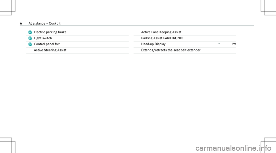 MERCEDES-BENZ C-CLASS COUPE 2020  AMG Owners Manual S
Electricpa rking brak e
T Light switch
U Cont rolpanel for:
Ac tiveSt eer ing Assis t Ac
tiveLa ne Keeping Assist
Pa rking AssistPA RK TRONI C
Hea d-up Displa y →
29
Ex tends/ retracts theseat bel