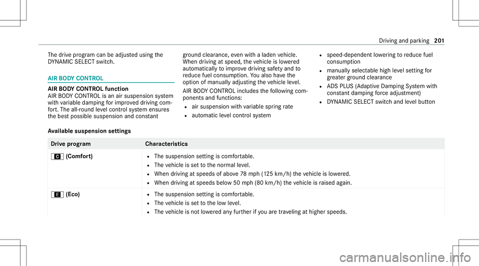 MERCEDES-BENZ E-CLASS COUPE 2020 Owners Manual The
drive pr ogr am can beadjus tedusing the
DY NA MIC SELE CTswitc h. AIR
BODY CONT ROL AIR
BODY CONT ROLfun ction
AI R BO DY CONTR OLisan air suspe nsion system
wit hva riable dampingfo rim prove dd MERCEDES-BENZ E-CLASS COUPE 2020 Owners Manual The
drive pr ogr am can beadjus tedusing the
DY NA MIC SELE CTswitc h. AIR
BODY CONT ROL AIR
BODY CONT ROLfun ction
AI R BO DY CONTR OLisan air suspe nsion system
wit hva riable dampingfo rim prove dd