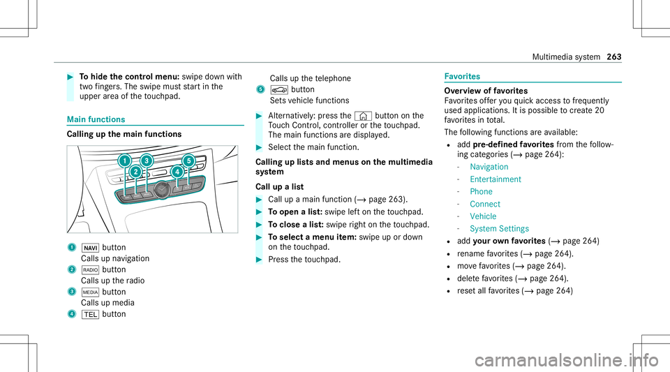 MERCEDES-BENZ E-CLASS COUPE 2020  Owners Manual #
Tohide thecontr olmenu :swipe down with
tw ofing ers. The swipe mu ststar tin the
upper area oftheto uc hpad. Ma
infunct ions Calli
ngup thema infun ctions 1
00CB button
Calls upnavig ation
2 002A b