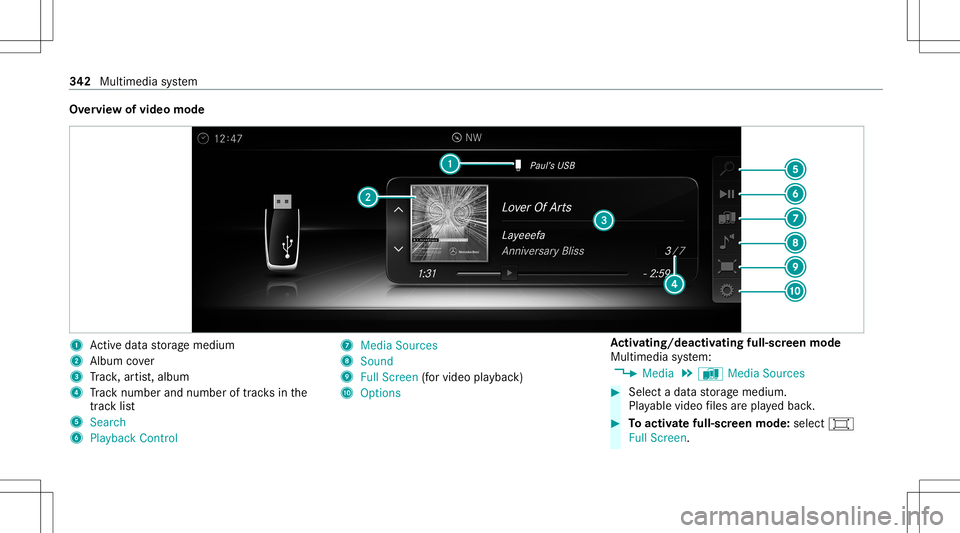 MERCEDES-BENZ E-CLASS COUPE 2020 Owners Manual Ov
ervie wof video mode 1
Activeda ta stor ag emedium
2 Album cover
3 Trac k, artis t,album
4 Trac knum berand num beroftrac ks inthe
tr ac klist
5 Search
6 Play ba ck Control 7
Med iaSou rces
8 Sound MERCEDES-BENZ E-CLASS COUPE 2020 Owners Manual Ov
ervie wof video mode 1
Activeda ta stor ag emedium
2 Album cover
3 Trac k, artis t,album
4 Trac knum berand num beroftrac ks inthe
tr ac klist
5 Search
6 Play ba ck Control 7
Med iaSou rces
8 Sound