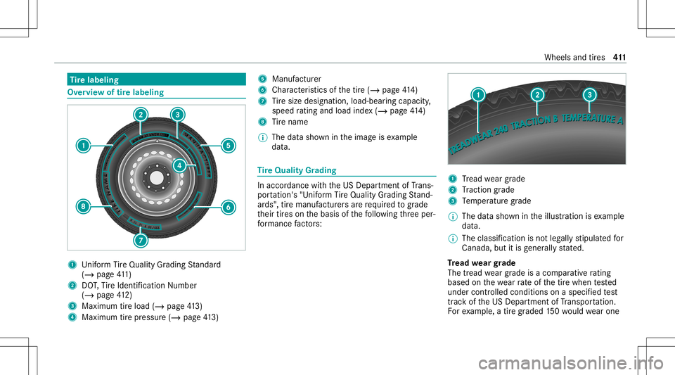 MERCEDES-BENZ E-CLASS COUPE 2020 Owners Manual Ti
re labeling Ov
ervie wof tirelabeling 1
Uniform Tire Qua lityGradi ng Standar d
(/ page41 1)
2 DOT,Tire Identif ication Number
(/ page41 2)
3 Maximu mtireload (/ page 413)
4 Maxi mum tirepr essu re MERCEDES-BENZ E-CLASS COUPE 2020 Owners Manual Ti
re labeling Ov
ervie wof tirelabeling 1
Uniform Tire Qua lityGradi ng Standar d
(/ page41 1)
2 DOT,Tire Identif ication Number
(/ page41 2)
3 Maximu mtireload (/ page 413)
4 Maxi mum tirepr essu re