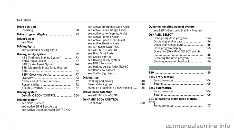 MERCEDES-BENZ E-CLASS COUPE 2020 Owners Manual Dr
ive pos ition
In ser ting ........................................ ...... 158
Dr ive pr og ram dis pla y........... ..................155
Dr iver' ssea t
see Seat
Dr ivin gligh ts
see Automatic MERCEDES-BENZ E-CLASS COUPE 2020 Owners Manual Dr
ive pos ition
In ser ting ........................................ ...... 158
Dr ive pr og ram dis pla y........... ..................155
Dr iver' ssea t
see Seat
Dr ivin gligh ts
see Automatic
