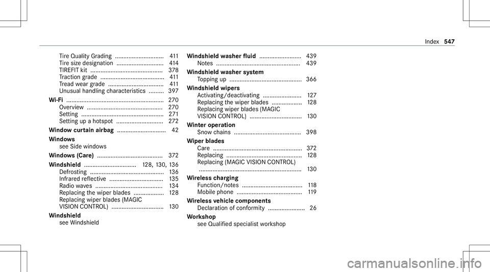 MERCEDES-BENZ E-CLASS COUPE 2020 Owners Manual Ti
re Qua lityGradi ng .......... ................... 411
Ti re size designation ............................4 14
TIREFIT kit...........................................3 78
Tr act ion grade .......... MERCEDES-BENZ E-CLASS COUPE 2020 Owners Manual Ti
re Qua lityGradi ng .......... ................... 411
Ti re size designation ............................4 14
TIREFIT kit...........................................3 78
Tr act ion grade ..........