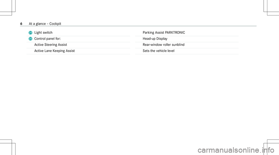 MERCEDES-BENZ E-CLASS COUPE 2020  AMG Owners Manual T
Light switch
U Contr olpanel for:
Ac tiveSt eer ing Assis t
Ac tiveLa ne Keeping Assist Pa
rking AssistPA RK TRONI C
Hea d-up Displa y
Re ar-win dowroller sunblin d
Se tstheve hicle leve l 6
Ataglan