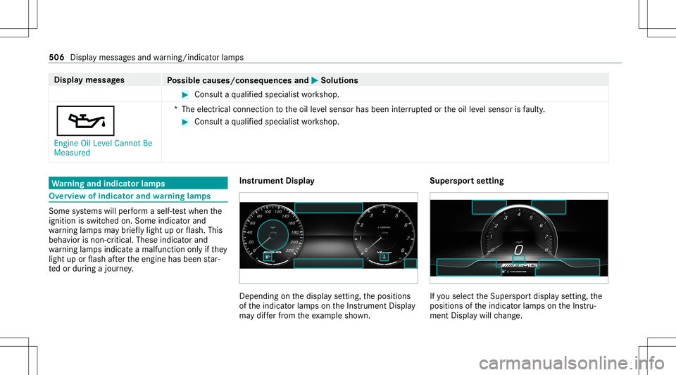 MERCEDES-BENZ AMG GT 4-DOOR COUPE 2020 AMG Owners Manual Disp
laymes sages
Possible causes/conseq uencesand0050 0050
Solutions #
Consult aqu alif ied spec ialistwo rkshop.
00B3 Engine OilLevel Cannot Be
Measured *T
heelectr icalconn ection totheoil leve lse MERCEDES-BENZ AMG GT 4-DOOR COUPE 2020 AMG Owners Manual Disp
laymes sages
Possible causes/conseq uencesand0050 0050
Solutions #
Consult aqu alif ied spec ialistwo rkshop.
00B3 Engine OilLevel Cannot Be
Measured *T
heelectr icalconn ection totheoil leve lse