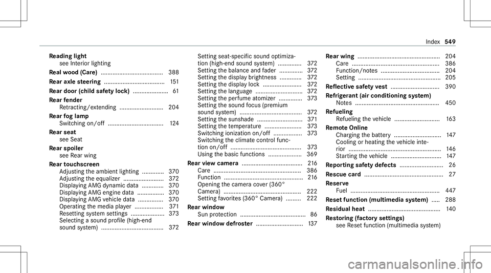 MERCEDES-BENZ AMG GT 4-DOOR COUPE 2020  AMG Owners Manual Re
ading light
see Interior lighting
Re alwo od (Car e).....................................3 88
Re ar axle steer ing .................................... 151
Re ar door (child safetyloc k) ..........