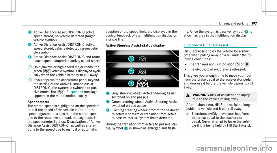MERCEDES-BENZ GLS COUPE 2020 Owners Manual 3
ActiveDis tance AssistDIS TRONI Cacti ve,
speed stor ed, novehicle detected (brigh t
ve hicle symbol)
4 ActiveDis tance AssistDIS TRONI Cacti ve,
speed stor ed, vehicle detected (green vehi‐
cle s MERCEDES-BENZ GLS COUPE 2020 Owners Manual 3
ActiveDis tance AssistDIS TRONI Cacti ve,
speed stor ed, novehicle detected (brigh t
ve hicle symbol)
4 ActiveDis tance AssistDIS TRONI Cacti ve,
speed stor ed, vehicle detected (green vehi‐
cle s