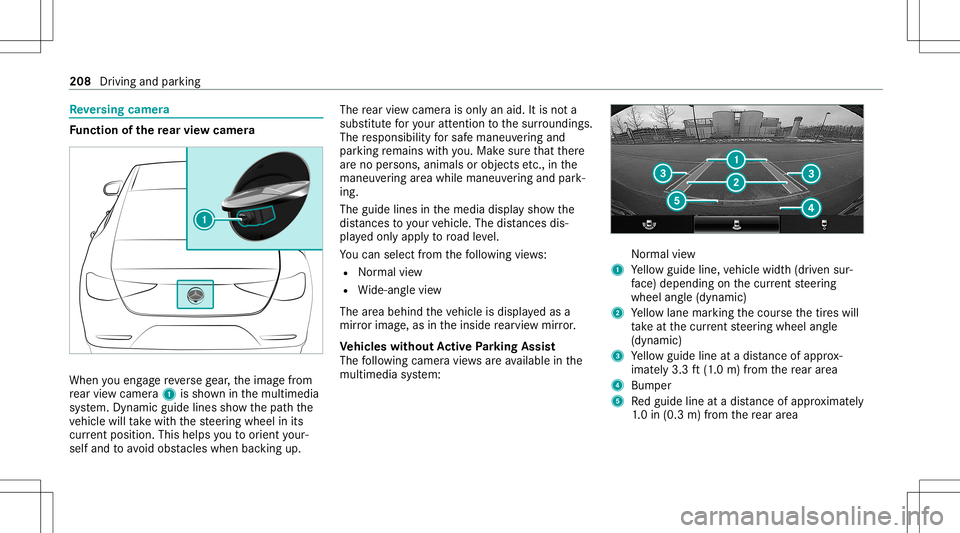 MERCEDES-BENZ GLS COUPE 2020 Owners Manual Re
versing camer a Fu
nction ofthere ar vie wcamer a When
youen gage reve rsege ar,th eimag efrom
re ar vie wcam era1 issho wninthemultimedia
sy stem. Dynamic guidelinesshowthepat hth e
ve hicle willt MERCEDES-BENZ GLS COUPE 2020 Owners Manual Re
versing camer a Fu
nction ofthere ar vie wcamer a When
youen gage reve rsege ar,th eimag efrom
re ar vie wcam era1 issho wninthemultimedia
sy stem. Dynamic guidelinesshowthepat hth e
ve hicle willt