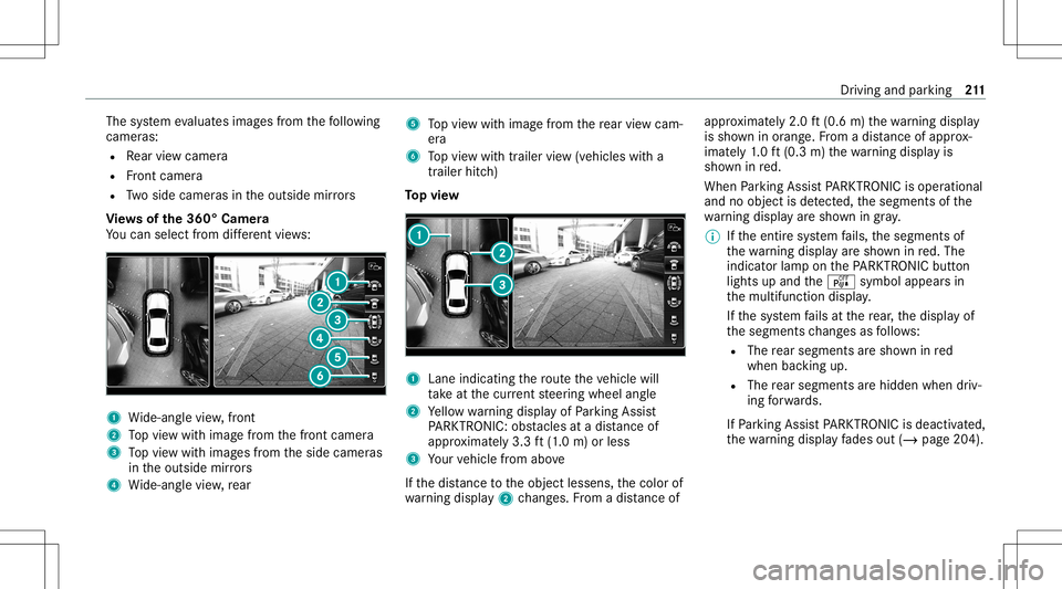 MERCEDES-BENZ GLS COUPE 2020 Owners Manual The
system evaluat esimag esfrom thefo llo wing
cameras:
R Rear vie wcam era
R Front camer a
R Twoside camer asintheoutside mirrors
Vi ew sof the360° Camera
Yo ucan selectfrom differe nt vie ws: 1
Wi MERCEDES-BENZ GLS COUPE 2020 Owners Manual The
system evaluat esimag esfrom thefo llo wing
cameras:
R Rear vie wcam era
R Front camer a
R Twoside camer asintheoutside mirrors
Vi ew sof the360° Camera
Yo ucan selectfrom differe nt vie ws: 1
Wi