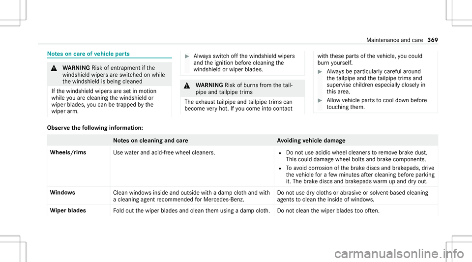 MERCEDES-BENZ GLS COUPE 2020 Owners Manual No
teson car eof vehicl epar ts &
WARNIN GRisk ofentr apment ifth e
winds hieldwiper sar eswit ched on while
th ewindshield isbeing cleaned
If th ewindshield wipersar ese tin mo tion
while youar ecle MERCEDES-BENZ GLS COUPE 2020 Owners Manual No
teson car eof vehicl epar ts &
WARNIN GRisk ofentr apment ifth e
winds hieldwiper sar eswit ched on while
th ewindshield isbeing cleaned
If th ewindshield wipersar ese tin mo tion
while youar ecle