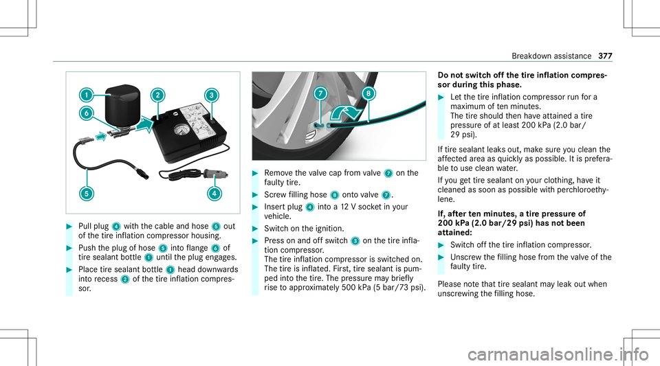 MERCEDES-BENZ GLS COUPE 2020 Owners Manual #
Pull plug 4withth ecable andhose 5out
of thetir einf lation compressor housing. #
Push theplug ofhose 5intoflang e6 of
tir esealan tbo ttle 1 untilth eplug engages. #
Place tiresealant bottle 1 head MERCEDES-BENZ GLS COUPE 2020 Owners Manual #
Pull plug 4withth ecable andhose 5out
of thetir einf lation compressor housing. #
Push theplug ofhose 5intoflang e6 of
tir esealan tbo ttle 1 untilth eplug engages. #
Place tiresealant bottle 1 head