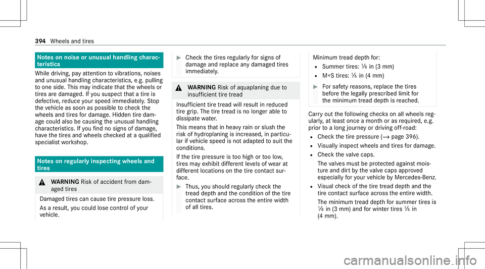MERCEDES-BENZ GLS COUPE 2020 Owners Manual No
teson noise orunusua lhand lingcharac‐
te rist ics
While driving ,pa yatt ent ion tovibr ations, noises
and unusu alhandl ingcharact eristic s,e.g .pullin g
to one side. Thismayindicat eth at the MERCEDES-BENZ GLS COUPE 2020 Owners Manual No
teson noise orunusua lhand lingcharac‐
te rist ics
While driving ,pa yatt ent ion tovibr ations, noises
and unusu alhandl ingcharact eristic s,e.g .pullin g
to one side. Thismayindicat eth at the