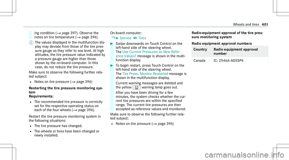 MERCEDES-BENZ GLS COUPE 2020 Owners Manual ing
con dition (/page39 7). Obser vethe
no teson tirete mp eratur e(/ page396).
% The values displa yedin themultifunc tiondis‐
pla yma yde viat efrom those ofthetir epr es‐
sur ega ug eas they re MERCEDES-BENZ GLS COUPE 2020 Owners Manual ing
con dition (/page39 7). Obser vethe
no teson tirete mp eratur e(/ page396).
% The values displa yedin themultifunc tiondis‐
pla yma yde viat efrom those ofthetir epr es‐
sur ega ug eas they re