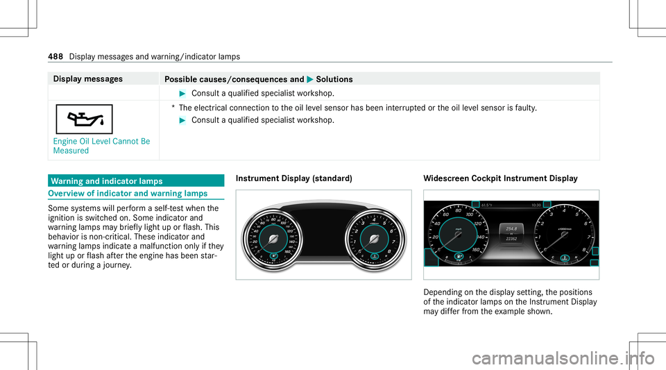 MERCEDES-BENZ GLS COUPE 2020 Owners Manual Disp
laymes sages
Possible causes/conseq uencesand0050 0050
Solutions #
Consult aqu alif ied spec ialistwo rkshop.
00B3 Engine OilLevel Cannot Be
Measured *T
heelectr icalconn ection totheoil leve lse MERCEDES-BENZ GLS COUPE 2020 Owners Manual Disp
laymes sages
Possible causes/conseq uencesand0050 0050
Solutions #
Consult aqu alif ied spec ialistwo rkshop.
00B3 Engine OilLevel Cannot Be
Measured *T
heelectr icalconn ection totheoil leve lse
