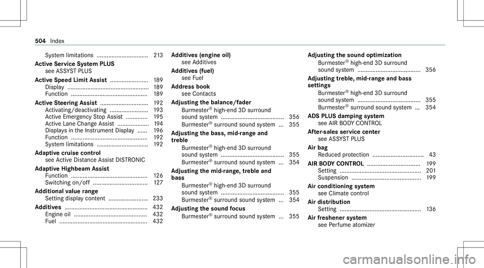 MERCEDES-BENZ GLS COUPE 2020 Owners Manual Sy
stem limit ations ........................... ....2 13
Ac tiv eSe rvice System PLUS
see ASSYST PLUS
Ac tiv eSpe edLimit Assist <0011001100110011001100110011001100110011001100110011001100110011
0011 MERCEDES-BENZ GLS COUPE 2020 Owners Manual Sy
stem limit ations ........................... ....2 13
Ac tiv eSe rvice System PLUS
see ASSYST PLUS
Ac tiv eSpe edLimit Assist <0011001100110011001100110011001100110011001100110011001100110011
0011