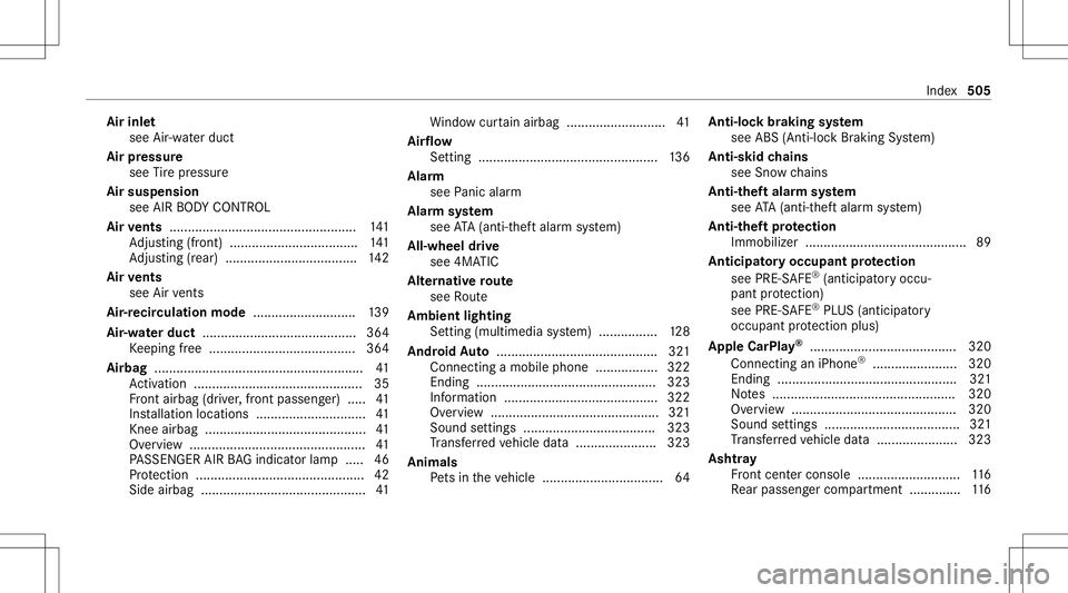 MERCEDES-BENZ GLS COUPE 2020 Owners Manual Air
inle t
see Air-water duct
Air pressu re
see Tire pressur e
Air suspension
see AIRBODY CONTR OL
Air vents ............ ....................................... 141
Ad jus ting (front) ............ . MERCEDES-BENZ GLS COUPE 2020 Owners Manual Air
inle t
see Air-water duct
Air pressu re
see Tire pressur e
Air suspension
see AIRBODY CONTR OL
Air vents ............ ....................................... 141
Ad jus ting (front) ............ .