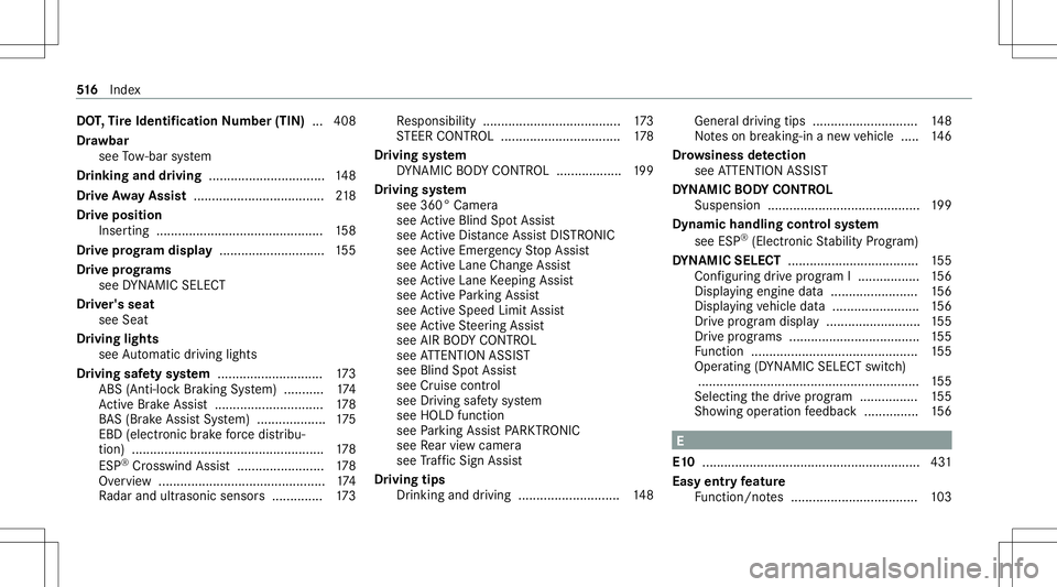 MERCEDES-BENZ GLS COUPE 2020 Owners Manual DO
T,Tire Iden tificat ionNumbe r(TI N) ... 408
Dr aw bar
see Tow- bar system
Dr inking anddriving ................................ 148
Dr ive Awa yAssis t.... ................................ 218
Dr MERCEDES-BENZ GLS COUPE 2020 Owners Manual DO
T,Tire Iden tificat ionNumbe r(TI N) ... 408
Dr aw bar
see Tow- bar system
Dr inking anddriving ................................ 148
Dr ive Awa yAssis t.... ................................ 218
Dr
