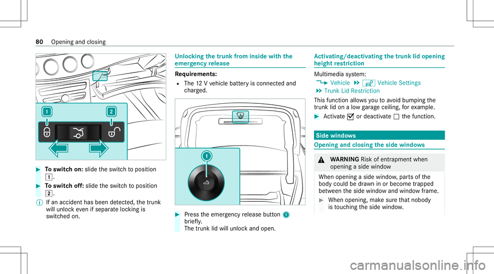 MERCEDES-BENZ GLS COUPE 2020 Manual Online #
Toswitc hon: slide theswitc hto position
0047. #
Toswitc hof f:slide theswitc hto position
0048.
% Ifan acciden thas been detected, thetrunk
will unloc keve nif sep aratelock ing is
switc hedon. Un
MERCEDES-BENZ GLS COUPE 2020 Manual Online #
Toswitc hon: slide theswitc hto position
0047. #
Toswitc hof f:slide theswitc hto position
0048.
% Ifan acciden thas been detected, thetrunk
will unloc keve nif sep aratelock ing is
switc hedon. Un
