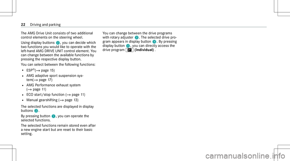 MERCEDES-BENZ GLS COUPE 2020  AMG Owners Manual The
AMG Drive Un itcon sistsof twoaddition al
con trol elemen tson thesteer ing wheel.
Using displaybutt ons 2,youcan decide whic h
tw ofun ction syo uwo uld liketo oper atewit hth e
lef t-hand AMGDRI