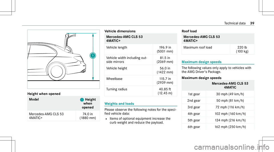 MERCEDES-BENZ GLS COUPE 2020  AMG Service Manual Heig
htwhe nopen ed Model
1 1
Heig ht
whe n
open ed
Mer cedes- AMGCLS53
4MA TIC+ 74
.0 in
(1 880 mm) Ve
hicl edimens ions Mer
cedes- AMG CLS53
4MA TIC+
Ve hicle length1 96.9in
(500 1mm)
Ve hicle width