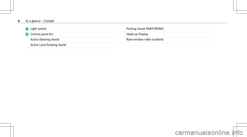 MERCEDES-BENZ GLS COUPE 2020  AMG Owners Manual T
Light switch
U Contr olpanel for:
Ac tiveSt eer ing Assis t
Ac tiveLa ne Keeping Assist Pa
rking AssistPA RK TRONI C
Hea d-up Displa y
Re ar-win dowroller sunblin d 6
Ataglanc e– Coc kpit 