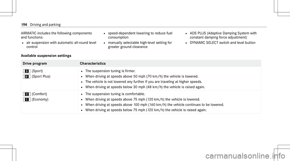 MERCEDES-BENZ S-CLASS COUPE 2020  Owners Manual AIR
MATIC includes thefo llo wing compone nts
and func tions:
R airsuspen sionwithaut omat icall-r ound leve l
contr ol R
spe ed-d ependent lowe ring toreduce fuel
con sum ption
R manuall yselec table