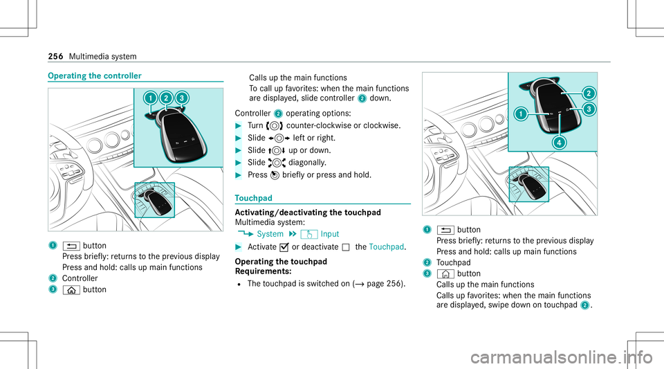 MERCEDES-BENZ S-CLASS COUPE 2020  Owners Manual Oper
ating thecontr oller 1
0038 button
Pr ess brief ly:re tur ns tothepr ev ious displa y
Pr ess and hold: callsupmain functions
2 Cont roller
3 00E2 button Calls
upthemain functions
To cal lup favo 