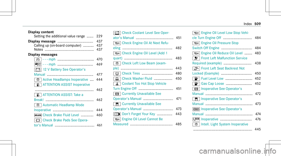 MERCEDES-BENZ S-CLASS COUPE 2020 Owners Manual Disp
laycont ent
Se tting theadditional value rang e ....... 229
Di spl aymes sage........... ..........................437
Ca lling up(on-bo ardcom puter) ..... ...... 437
No tes ............ ....... MERCEDES-BENZ S-CLASS COUPE 2020 Owners Manual Disp
laycont ent
Se tting theadditional value rang e ....... 229
Di spl aymes sage........... ..........................437
Ca lling up(on-bo ardcom puter) ..... ...... 437
No tes ............ .......