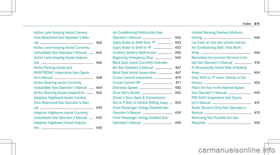 MERCEDES-BENZ S-CLASS COUPE 2020 Service Manual Ac
tiveLa ne Keeping AssistCamer a
Vi ew Restrict ed See Operator's Man‐
ua l..... ..................... ............................. 466
Ac tiveLa ne Keeping AssistCur rentl y
Un available See MERCEDES-BENZ S-CLASS COUPE 2020 Service Manual Ac
tiveLa ne Keeping AssistCamer a
Vi ew Restrict ed See Operator's Man‐
ua l..... ..................... ............................. 466
Ac tiveLa ne Keeping AssistCur rentl y
Un available See