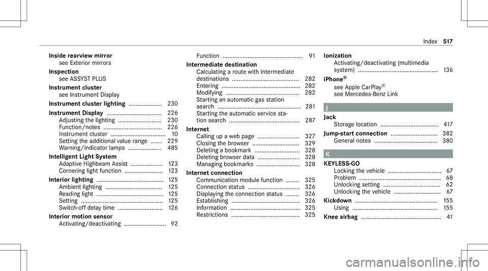 MERCEDES-BENZ S-CLASS COUPE 2020 Service Manual Insid
ere ar vie wmir ror
see Exterior mir rors
Insp ectio n
see ASSYST PLUS
Ins trument cluster
see Instrument Display
Ins trument clusterlighti ng............ ........230
In stru men tDi spl ay <001 MERCEDES-BENZ S-CLASS COUPE 2020 Service Manual Insid
ere ar vie wmir ror
see Exterior mir rors
Insp ectio n
see ASSYST PLUS
Ins trument cluster
see Instrument Display
Ins trument clusterlighti ng............ ........230
In stru men tDi spl ay <001