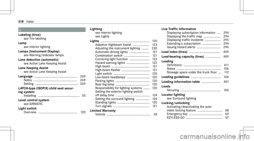 MERCEDES-BENZ S-CLASS COUPE 2020 Owners Manual L
Labelin g(tir es)
see Tire labeling
Lam p
see Interior light ing
Lam ps(Ins trum ent Displa y)
see Warning/ indic ator lam ps
Lane detection (automatic )
se eAc tiveLa ne Keeping Assist
Lane Keeping MERCEDES-BENZ S-CLASS COUPE 2020 Owners Manual L
Labelin g(tir es)
see Tire labeling
Lam p
see Interior light ing
Lam ps(Ins trum ent Displa y)
see Warning/ indic ator lam ps
Lane detection (automatic )
se eAc tiveLa ne Keeping Assist
Lane Keeping