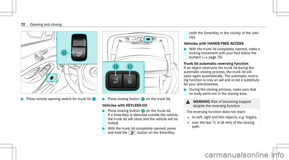 MERCEDES-BENZ S-CLASS COUPE 2020 Manual PDF #
Press remo teopening switchfo rtr unk lid1. #
Press closi ngbutt on1 onthetrunk lid.
Ve hicl eswith KEYLESS-GO #
Press locking button2 onthetrunk lid.
If aSmar tKey isde tected outsid eth eve hicle, MERCEDES-BENZ S-CLASS COUPE 2020 Manual PDF #
Press remo teopening switchfo rtr unk lid1. #
Press closi ngbutt on1 onthetrunk lid.
Ve hicl eswith KEYLESS-GO #
Press locking button2 onthetrunk lid.
If aSmar tKey isde tected outsid eth eve hicle,