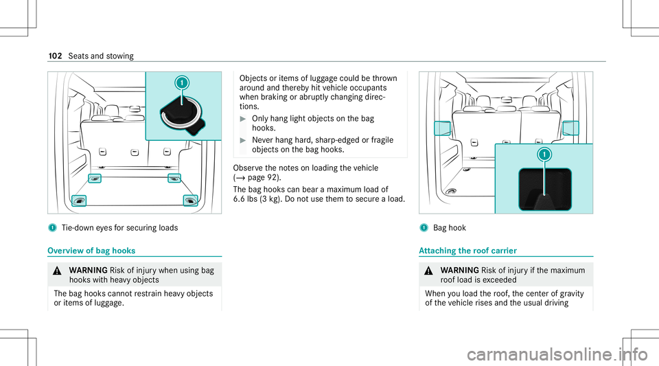 MERCEDES-BENZ G-CLASS 2020 Owners Manual 1
Tie-do wneyes forsecur ingloads Ov
ervie wof bag hook s &
WARNIN GRisk ofinju rywhen usingbag
hook swit hhea vyobj ect s
The bag hook scan notre stra in hea vyobje cts
or items oflugg age. Obj
ectso MERCEDES-BENZ G-CLASS 2020 Owners Manual 1
Tie-do wneyes forsecur ingloads Ov
ervie wof bag hook s &
WARNIN GRisk ofinju rywhen usingbag
hook swit hhea vyobj ect s
The bag hook scan notre stra in hea vyobje cts
or items oflugg age. Obj
ectso