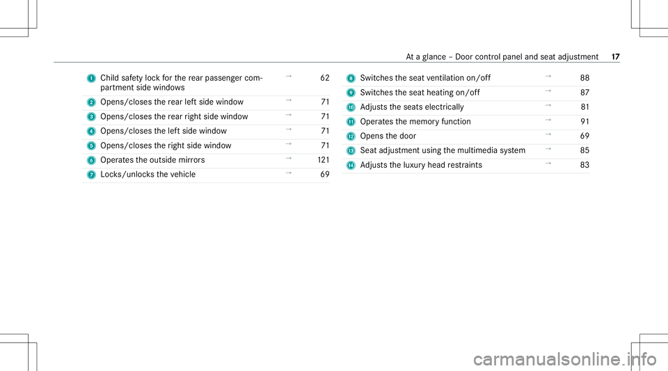 MERCEDES-BENZ G-CLASS 2020  Owners Manual 1
Child safetyloc kfo rth ere ar passe nger com ‐
par tment side windows →
62
2 Opens/cl osesthere ar leftside window →
71
3 Opens/closes there ar right side windo w →
71
4 Opens/closes thelef