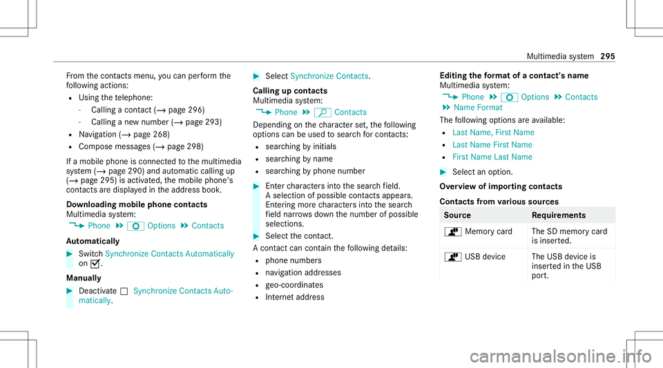 MERCEDES-BENZ G-CLASS 2020  Owners Manual Fr
om thecon tacts menu ,yo ucan perform the
fo llo wing actions :
R Usin gth ete lephon e:
- Calling acon tact (/ page 296)
- Calling ane wnumbe r(/ page293)
R Navig ation (/page268)
R Com pose messa