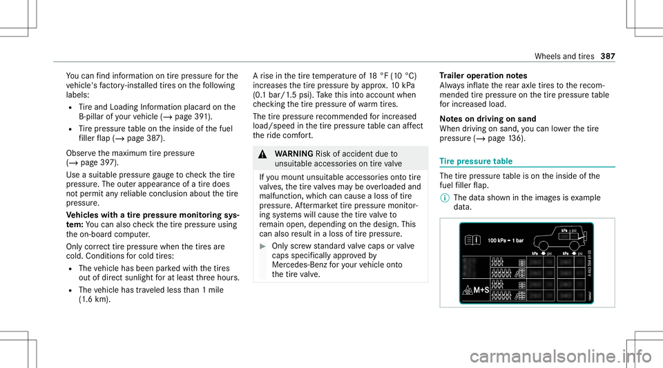 MERCEDES-BENZ G-CLASS 2020 Owners Manual Yo
ucan find informa tionon tirepr ess urefo rth e
ve hicle's fact or y-ins talled tires on thefo llo wing
labels:
R Tire and Loadi ngInfo rm atio nplacar don the
B‑pil larof your vehicle (/page MERCEDES-BENZ G-CLASS 2020 Owners Manual Yo
ucan find informa tionon tirepr ess urefo rth e
ve hicle's fact or y-ins talled tires on thefo llo wing
labels:
R Tire and Loadi ngInfo rm atio nplacar don the
B‑pil larof your vehicle (/page