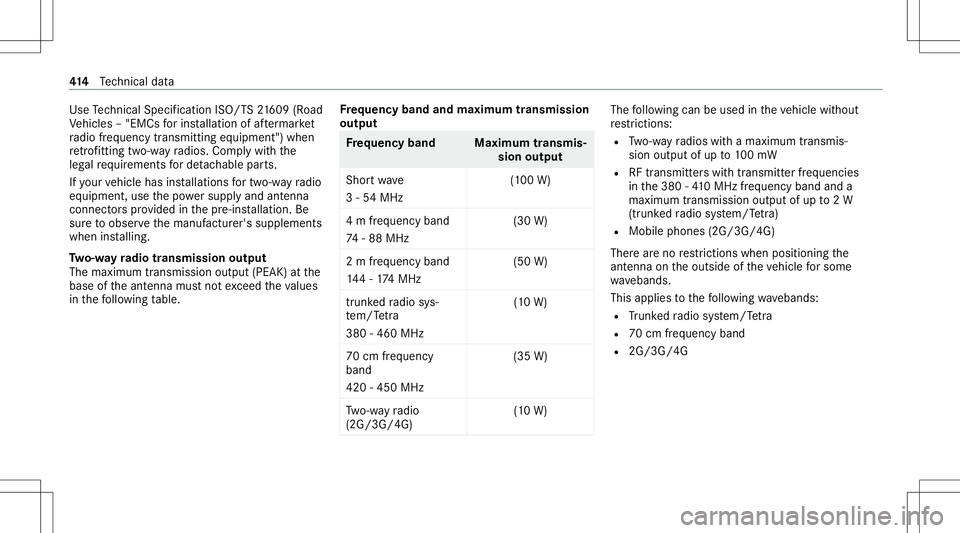 MERCEDES-BENZ G-CLASS 2020 Owners Manual Use
Tech nica lSpe cifica tionISO/T S21 609 (Road
Ve hicles –"EMCs forins tallation ofafte rm arke t
ra dio freq uency transmit tingeq uipment ")when
re trof itti ng two-w ayradios. Complywi MERCEDES-BENZ G-CLASS 2020 Owners Manual Use
Tech nica lSpe cifica tionISO/T S21 609 (Road
Ve hicles –"EMCs forins tallation ofafte rm arke t
ra dio freq uency transmit tingeq uipment ")when
re trof itti ng two-w ayradios. Complywi