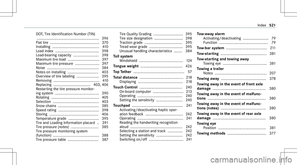 MERCEDES-BENZ G-CLASS 2020  Owners Manual DO
T,Tire Identif ication Number (TIN)
..... .................................................. ......3 96
Flat tire ....... ......................................... 370
Ins talling .................