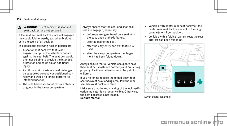 MERCEDES-BENZ GLS SUV 2020 Owners Manual &
WARNIN GRisk ofacci dent ifsea tand
sea tba ckrest areno teng aged
If th eseat andseat backres tar eno teng aged
th ey cou ldfold forw ards, e.g.when brakin g
or intheev ent ofan acciden t.
This pos MERCEDES-BENZ GLS SUV 2020 Owners Manual &
WARNIN GRisk ofacci dent ifsea tand
sea tba ckrest areno teng aged
If th eseat andseat backres tar eno teng aged
th ey cou ldfold forw ards, e.g.when brakin g
or intheev ent ofan acciden t.
This pos